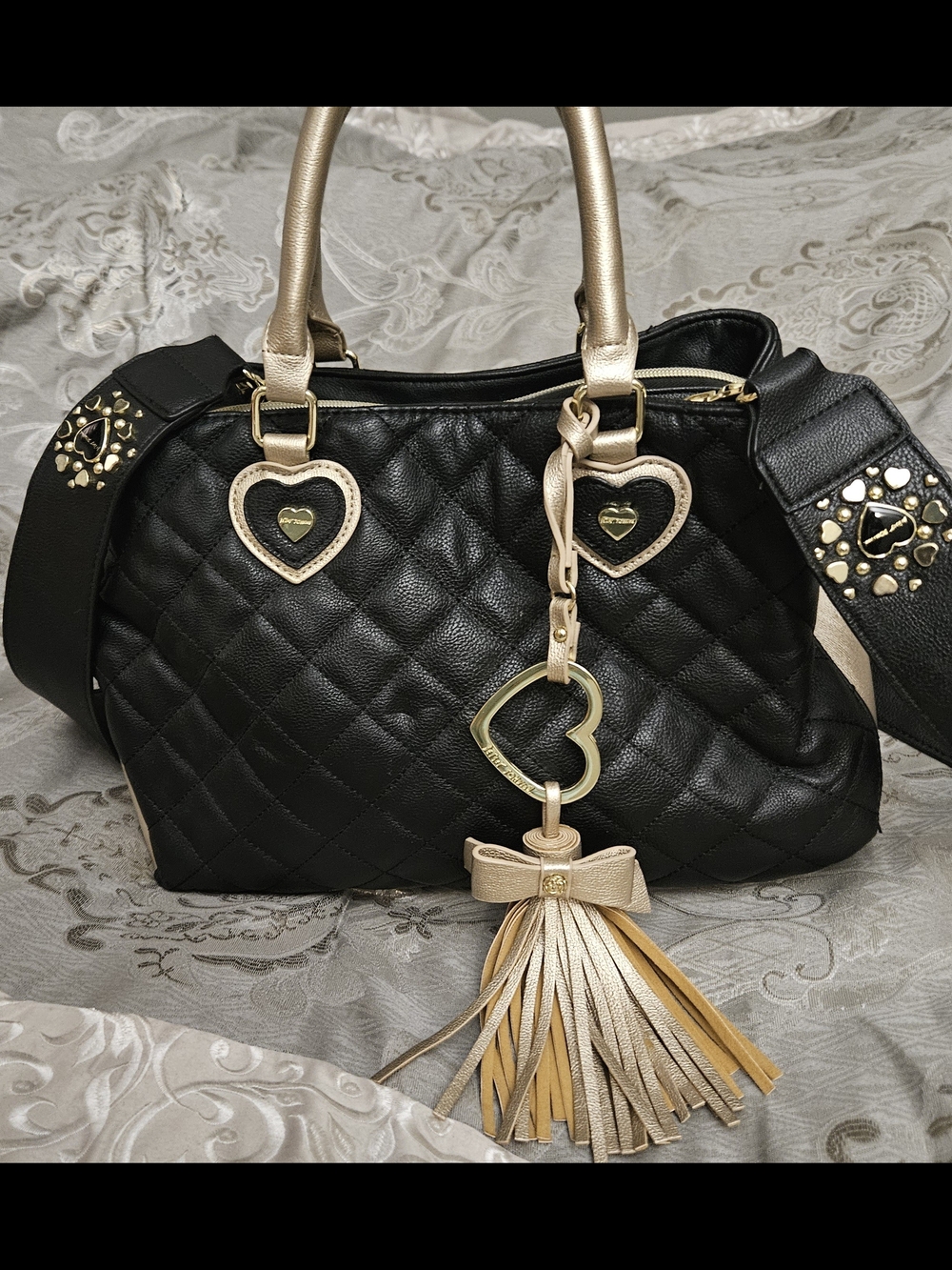 Betsey Johnson Black Quilted Tote with Accents and Tassel Crossbody Detachable